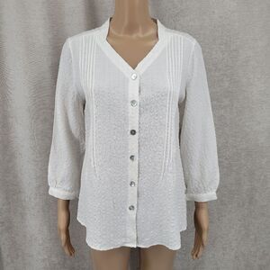Nomadic Traders Linen Rayon Pintuck Pleat White Button-Up Blouse